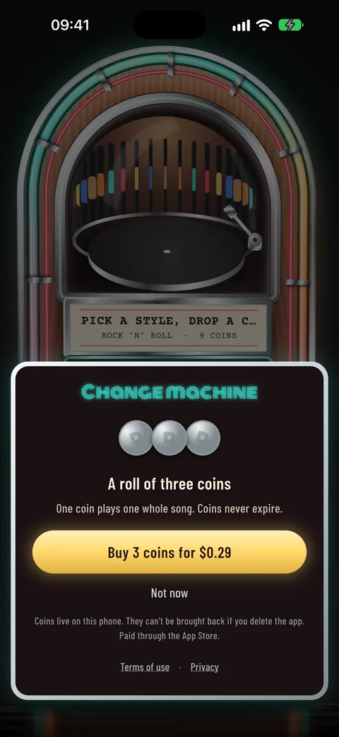 The change machine sheet offering a roll of three coins