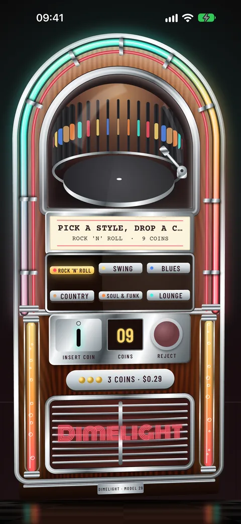 The jukebox waiting for a coin, six chrome style keys below the record dome
